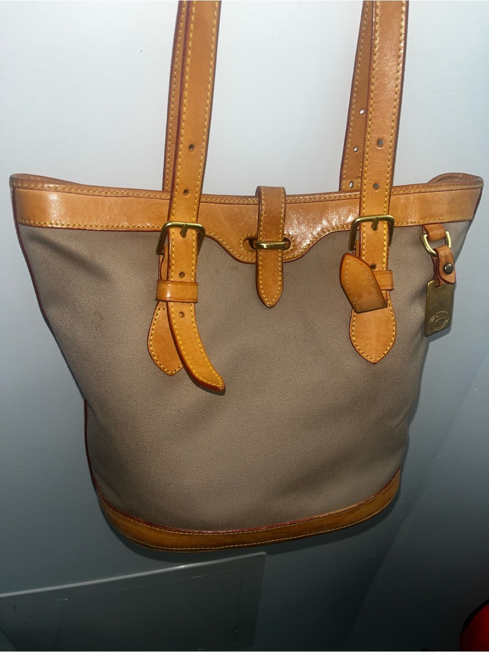 Vintage Dooney & Bourke Cabriolet bucket bag Taupe canvas vachetta leather trim